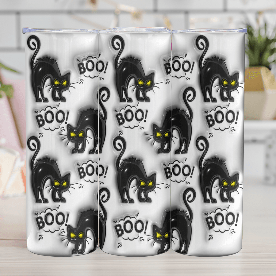 3D Black cat Boo , Halloween Tumbler Transfer