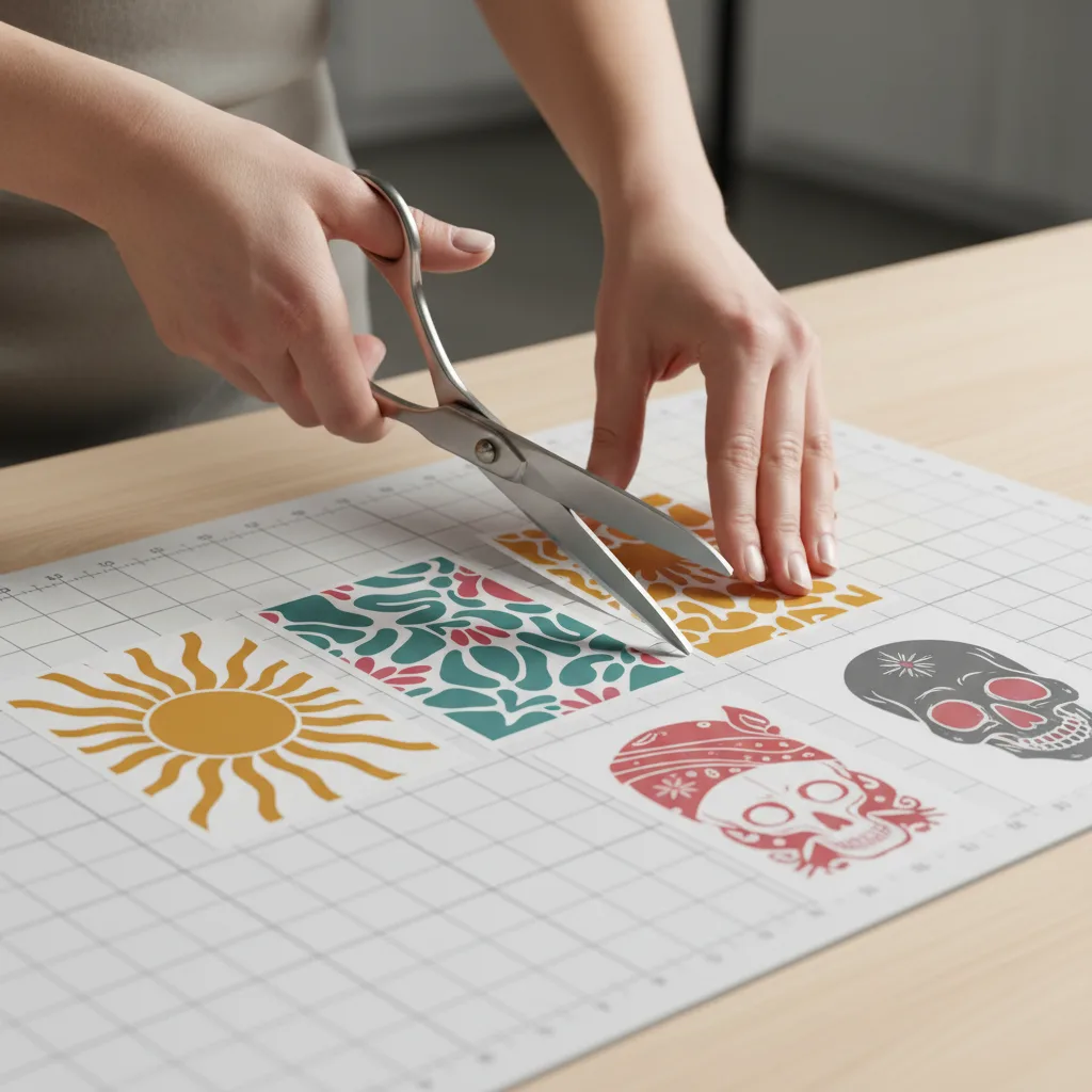 Hands cutting individual designs apart from a DTF gang sheet with scissors on a gridded mat