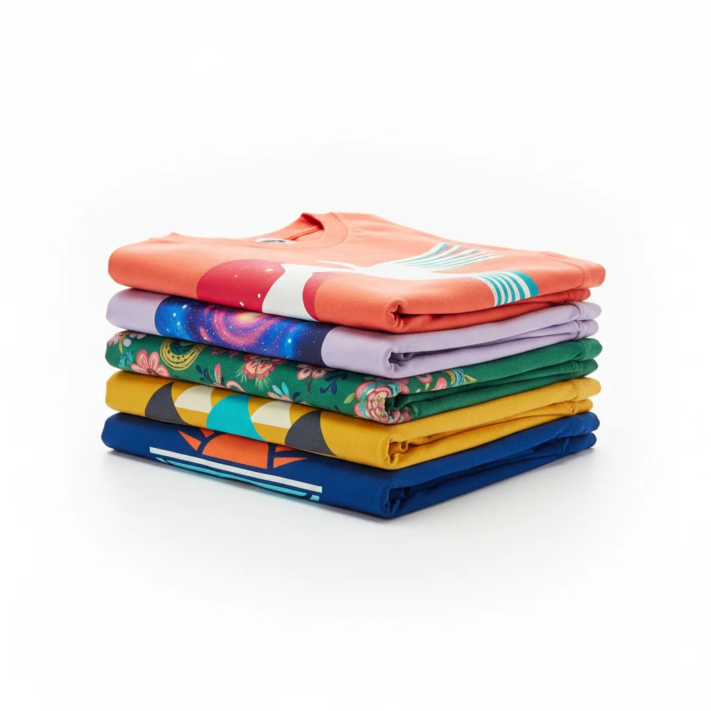 A stack of folded t-shirts in different colors with vibrant pressed DTF designs