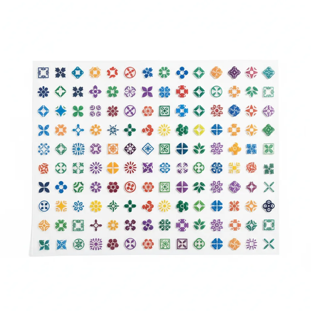 A DTF gang sheet packed with many small colorful transfer designs on a clear film sheet